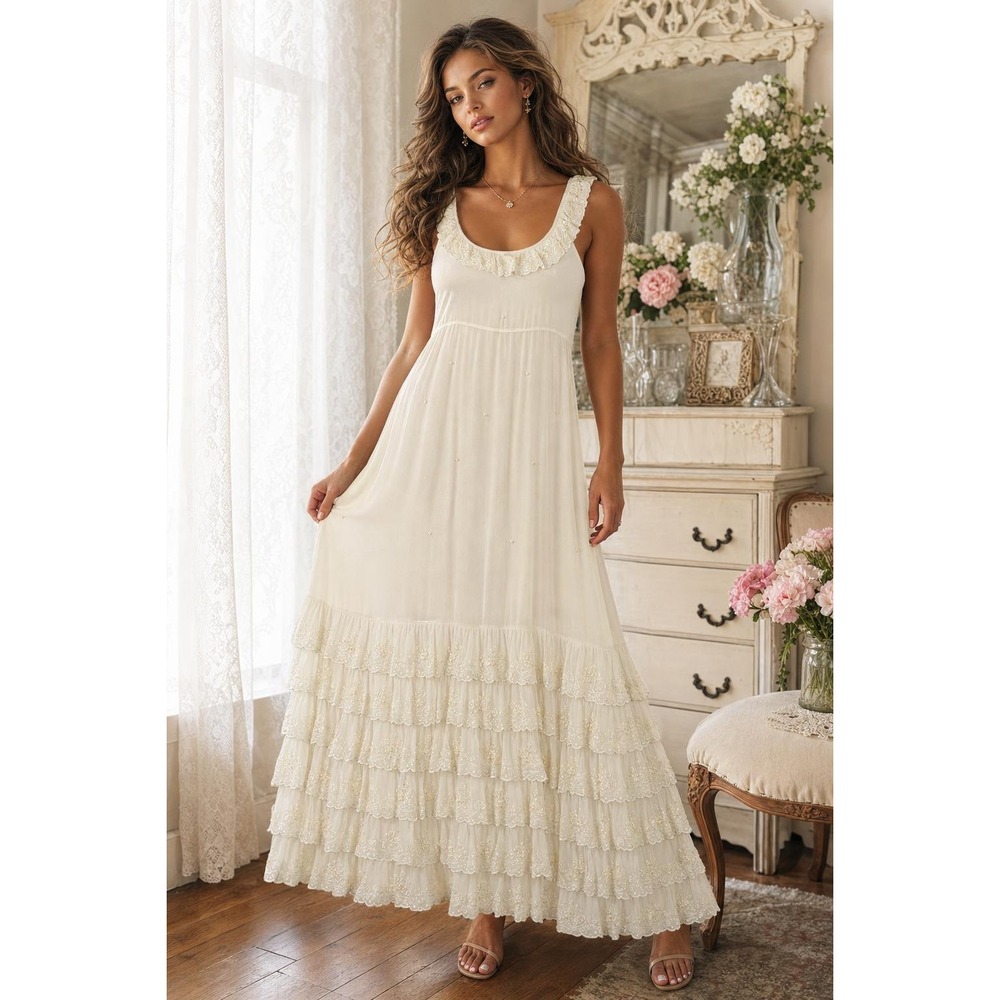 Vintage Papillon Maxi Dress Women's M Yellow Beaded Ruffle Prairie Edwardian